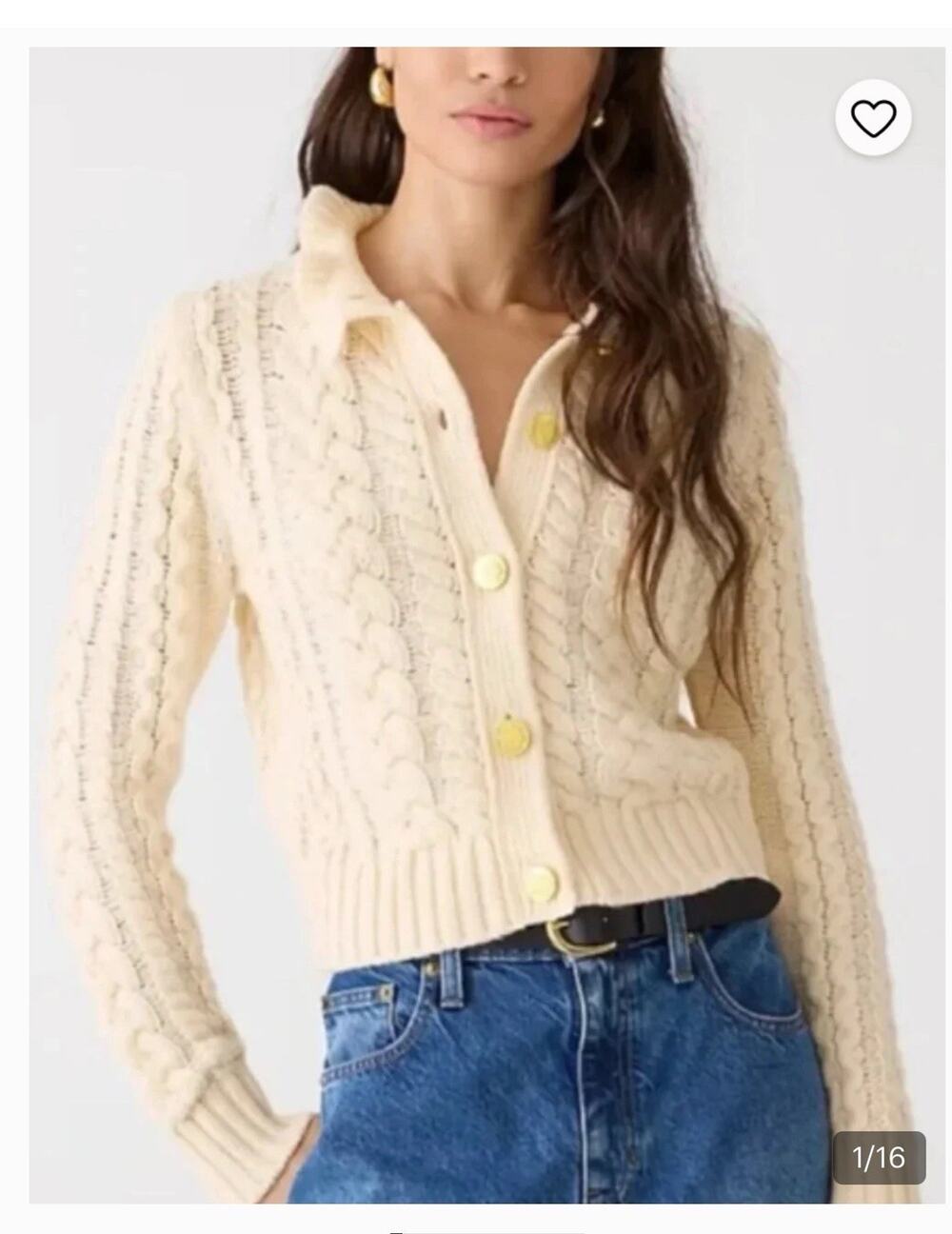 J Crew Sweater Womens XXs Cable Knit Cardigan Ruffle Neck Gold Buttons 3102